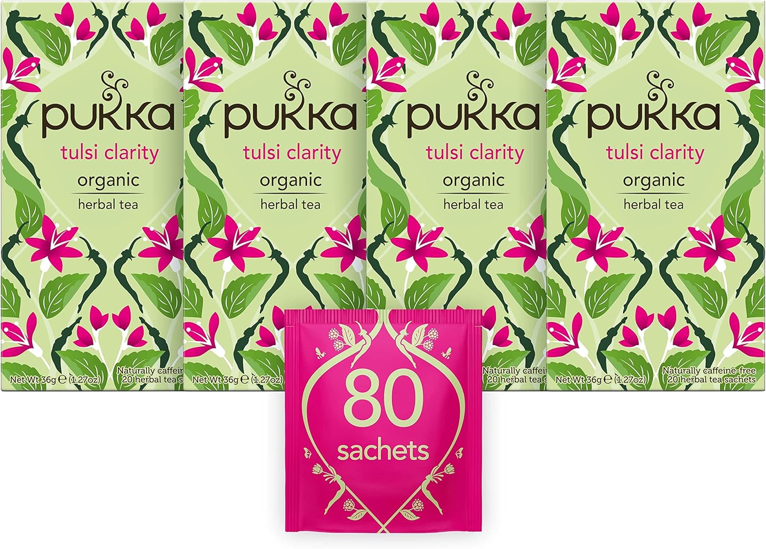 Pukka Herbs | Tulsi Clarity Organic Herbal Tea | Green, Purple and Lemon Tulsi| Perfect For Focusing | 4 packs | 80 Sachets