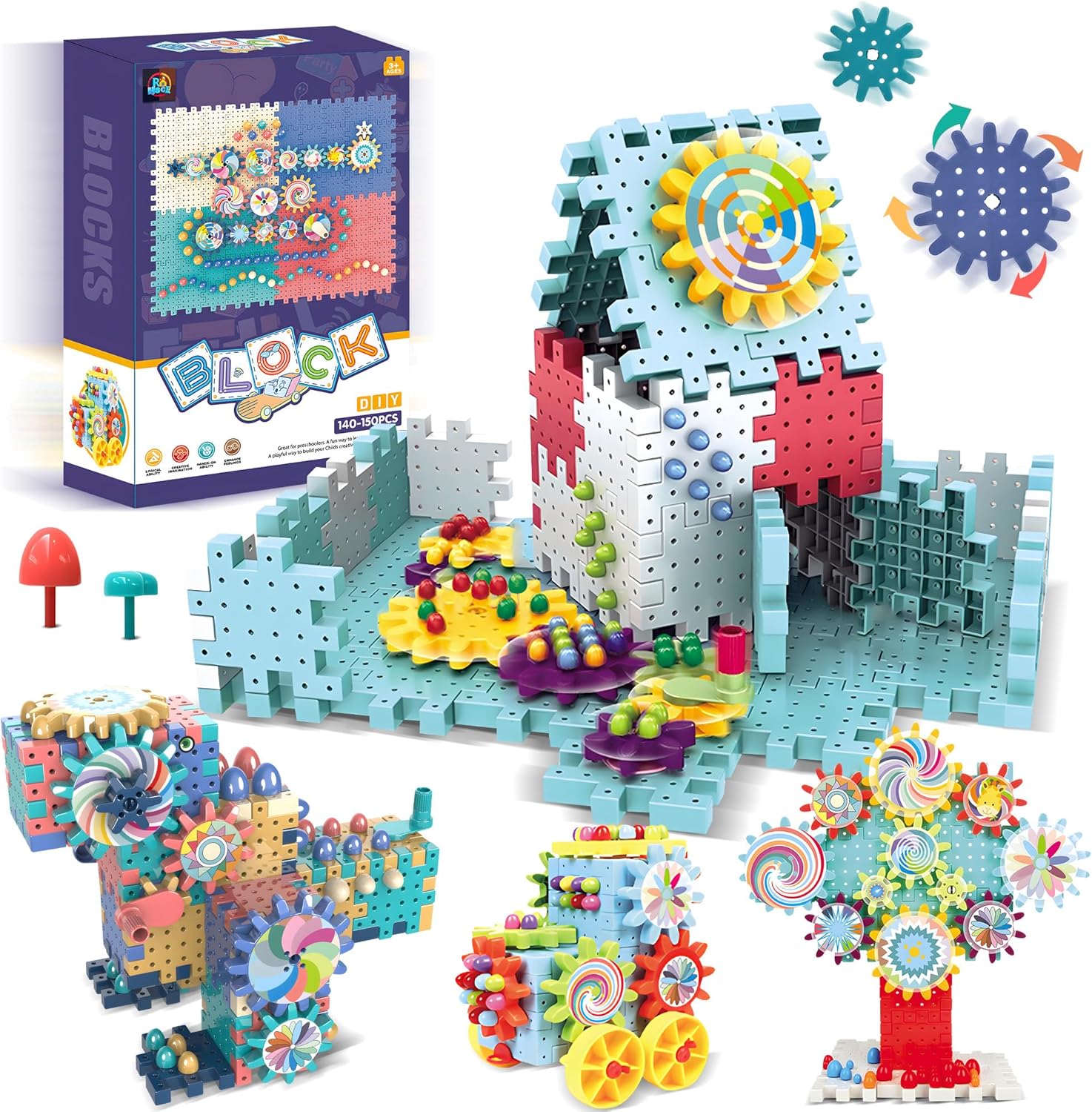 Gear Toys Interlocking Building Blocks, 150 Piece Educational Engineering Building Toys Set, Creative Construction STEM Kits for Boys Girls, Waffle Blocks for Kids Ages 3+