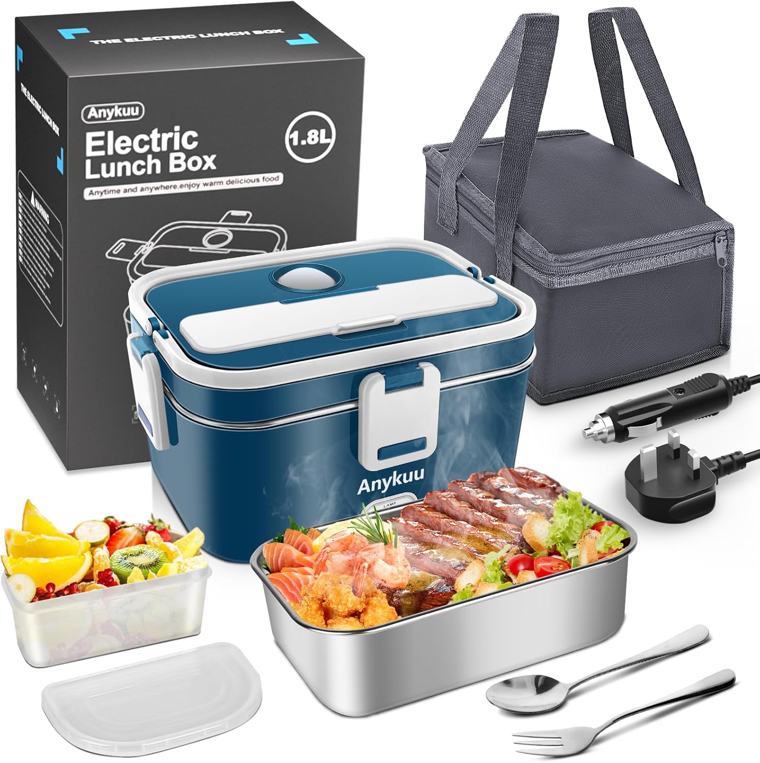 Anykuu Electric Lunch Box 100W 1.8L Large Capacity Heated Lunch Box 12V/24V/220V 3-in-1 Portable Food Heater with Insulated Lunch Bag Spoon and Fork Suitable for Car Truck Office Home