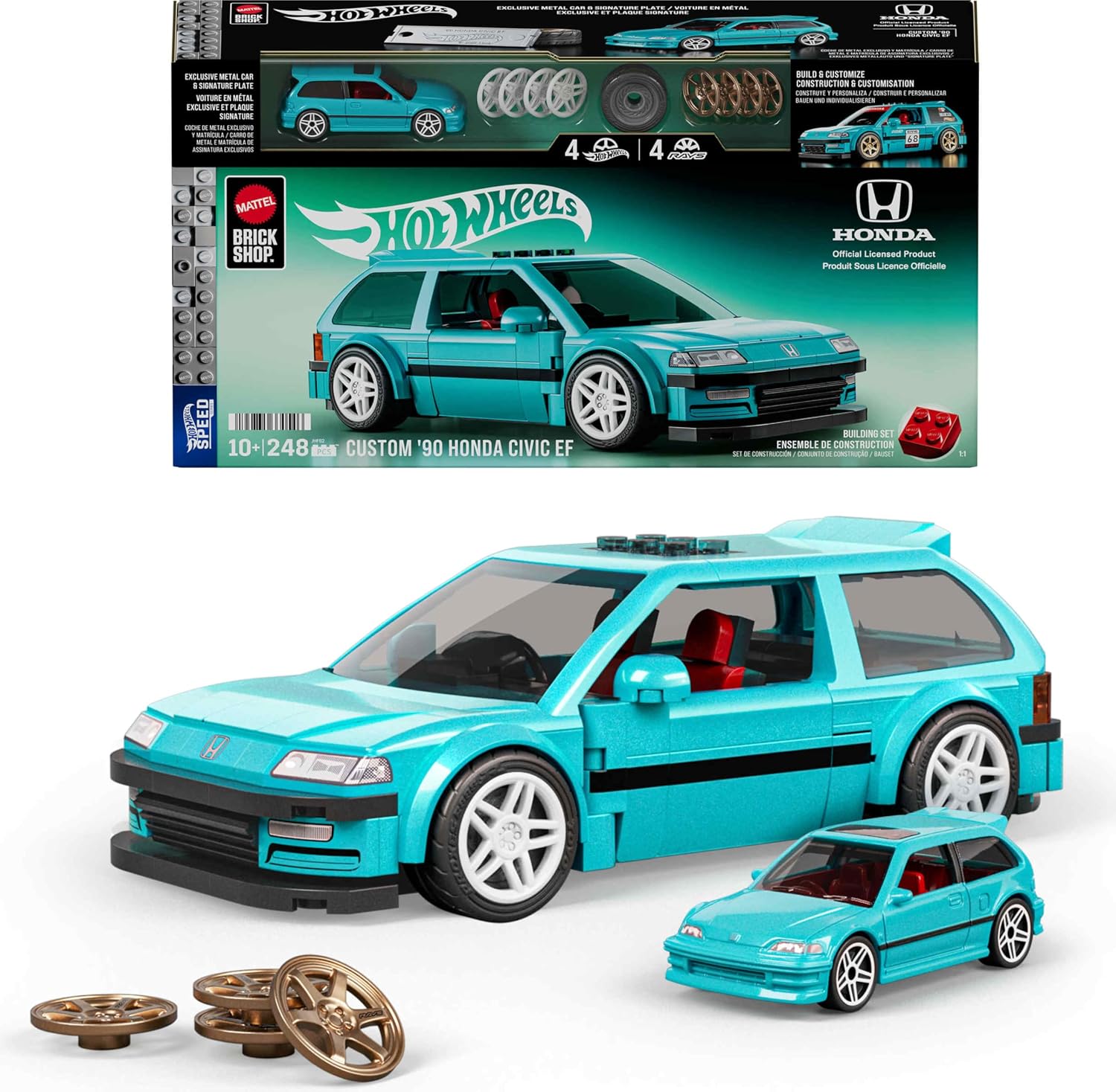 Mattel Brick Shop Hot Wheels 1990 Honda Civic EF Speed Series Custom Building Set with 248 Pieces, Realistic Details and Customization Stickers, JHF62