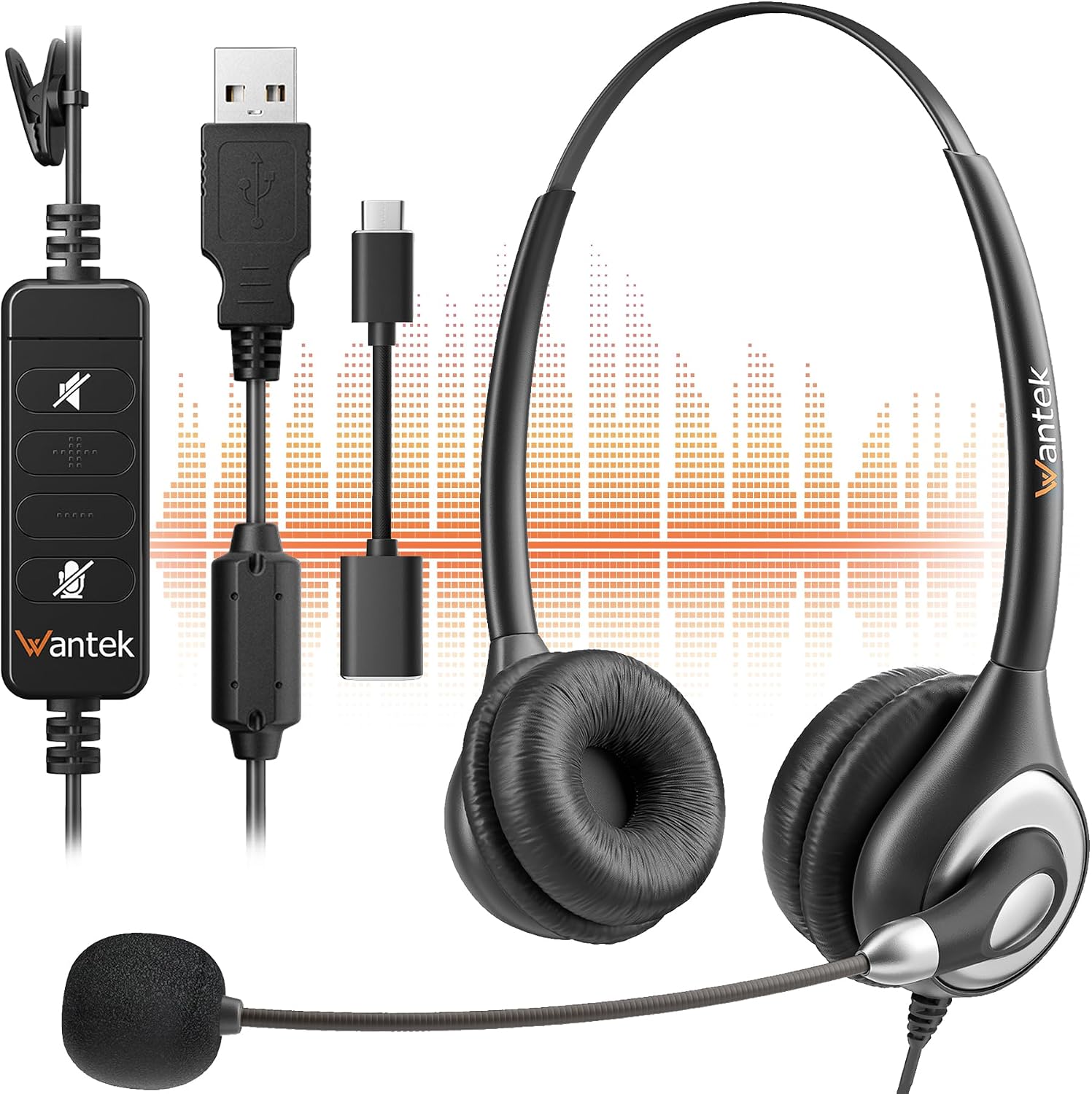 Wantek USB Headset with Microphone – Noise Cancelling Computer Headset for Calls, Lightweight PC Headphones for Office/Home/Call Centre, Compatible with Laptop, Skype, Zoom, Teams (USB-A)