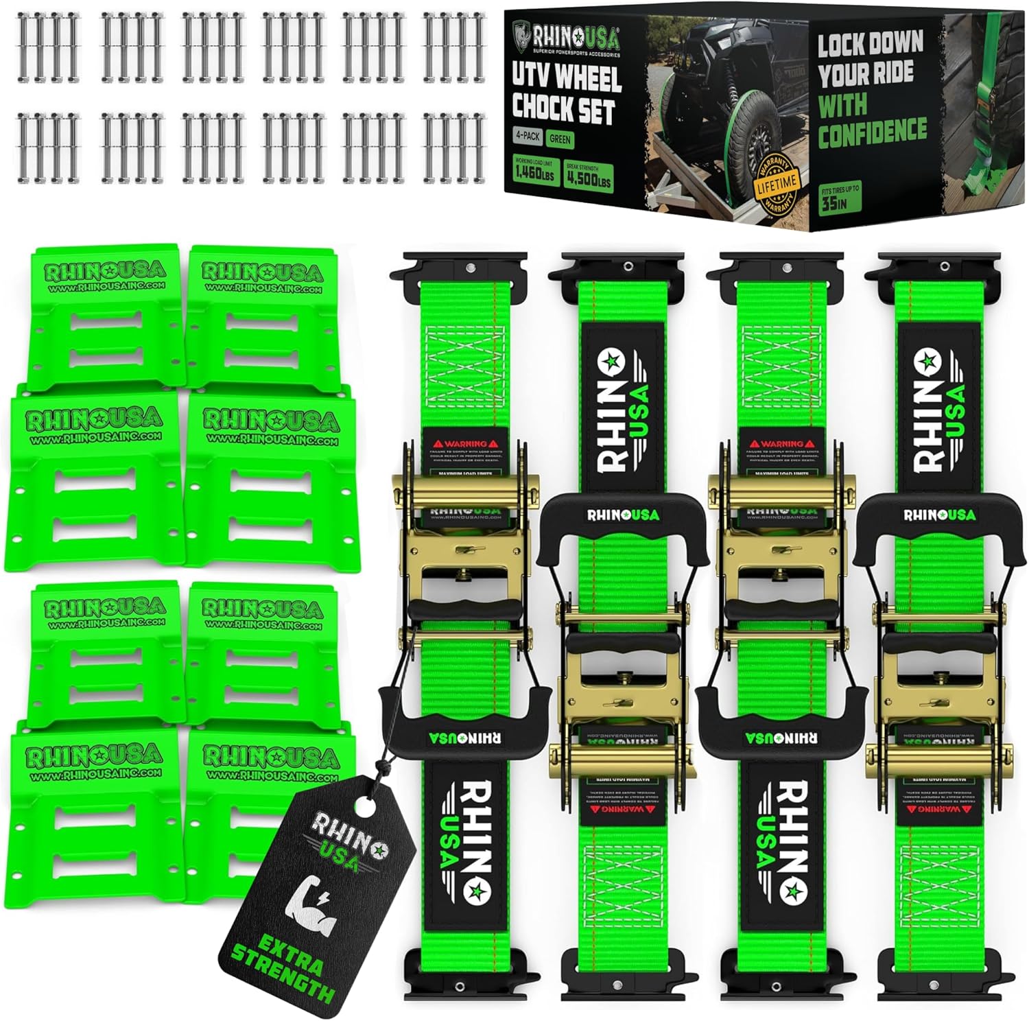 Rhino USA Wheel Chock Tie Down Kit (4,500lb Break Strength) (4) Heavy Duty Trailer Tire Ratchet Straps (8) Wheel Chocks - E Track System for ATV, UTV, Lawn Mower, Four Wheeler - Green