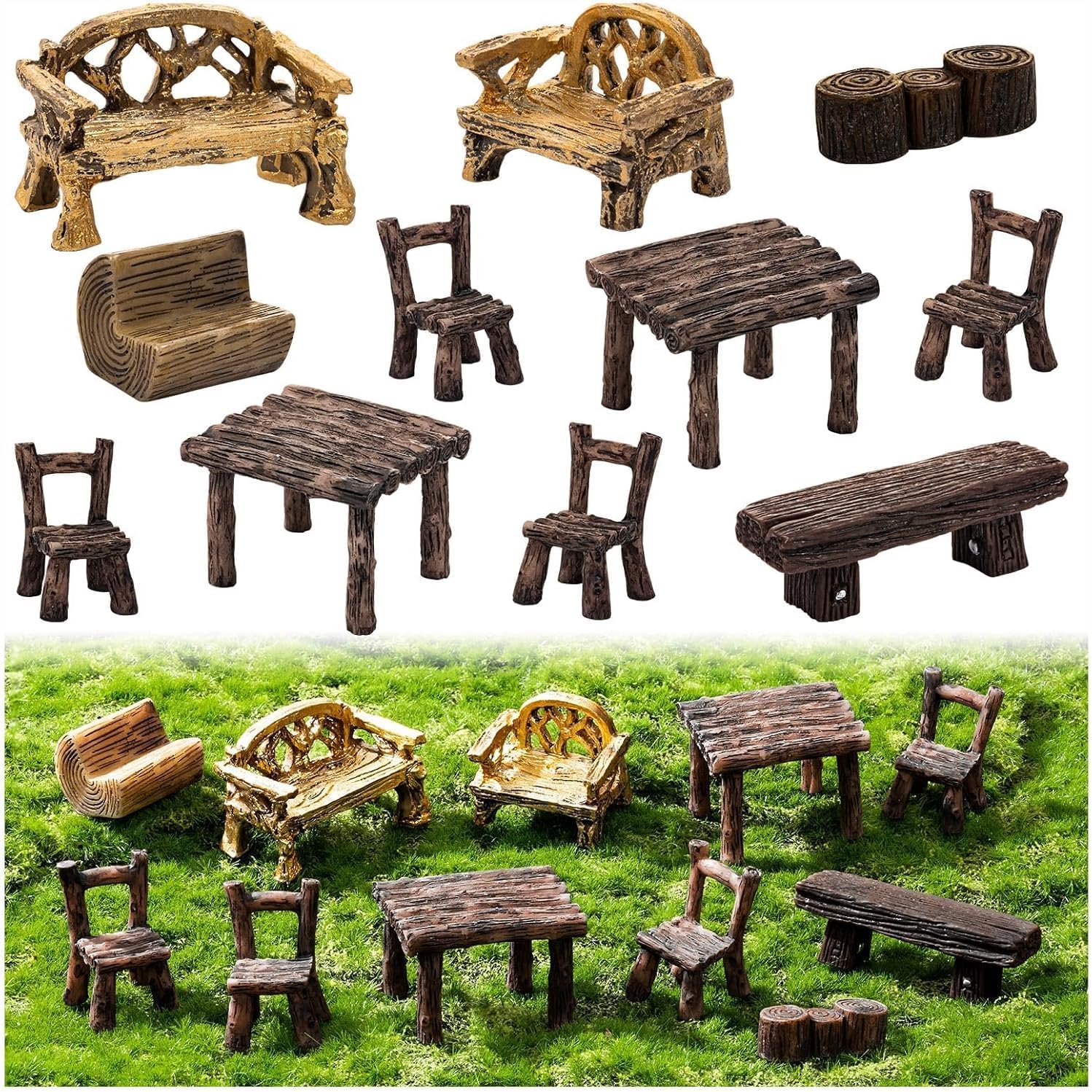 11Pieces Fairy Garden Furniture Ornaments, Miniature Garden Table and Chairs Set, Village Micro Resin Bench Chair Kit for Dollhouse Accessories Home, Micro Landscape Decoration (Vintage Style)