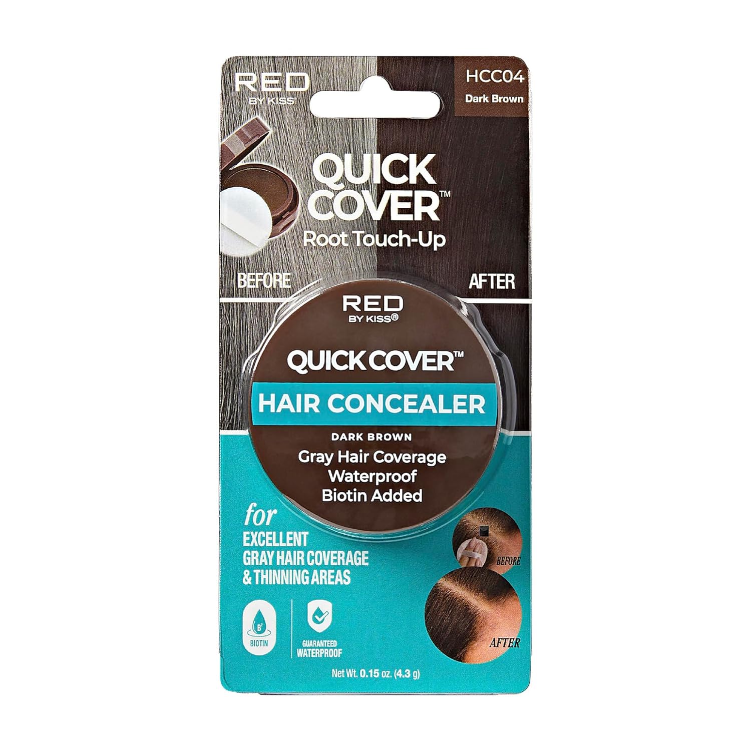 Red by Kiss Quick Cover Hair Concealer, Temporary Root Touch-Up, Broad Mass Gray Coverage, Lightweight & Waterproof, Biotin Infused (Dark Brown)