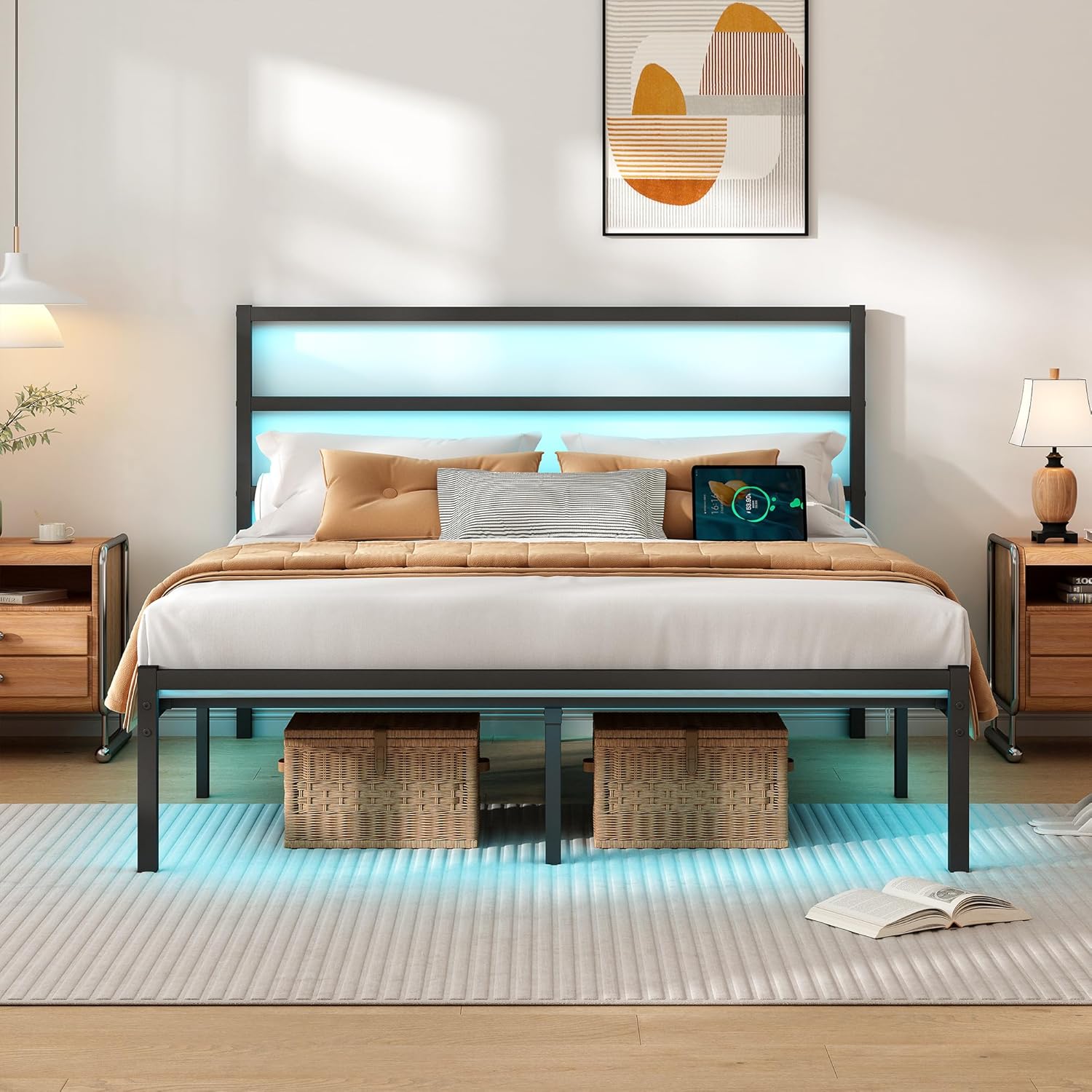 Full Size Bed Frame with Headboard,Heavy Duty Steel Slats Support-LED Bed Frame with USB Charging Station,Mattress Foundation-Under Bed Storage,No Box Spring Needed,Noise Free，Black