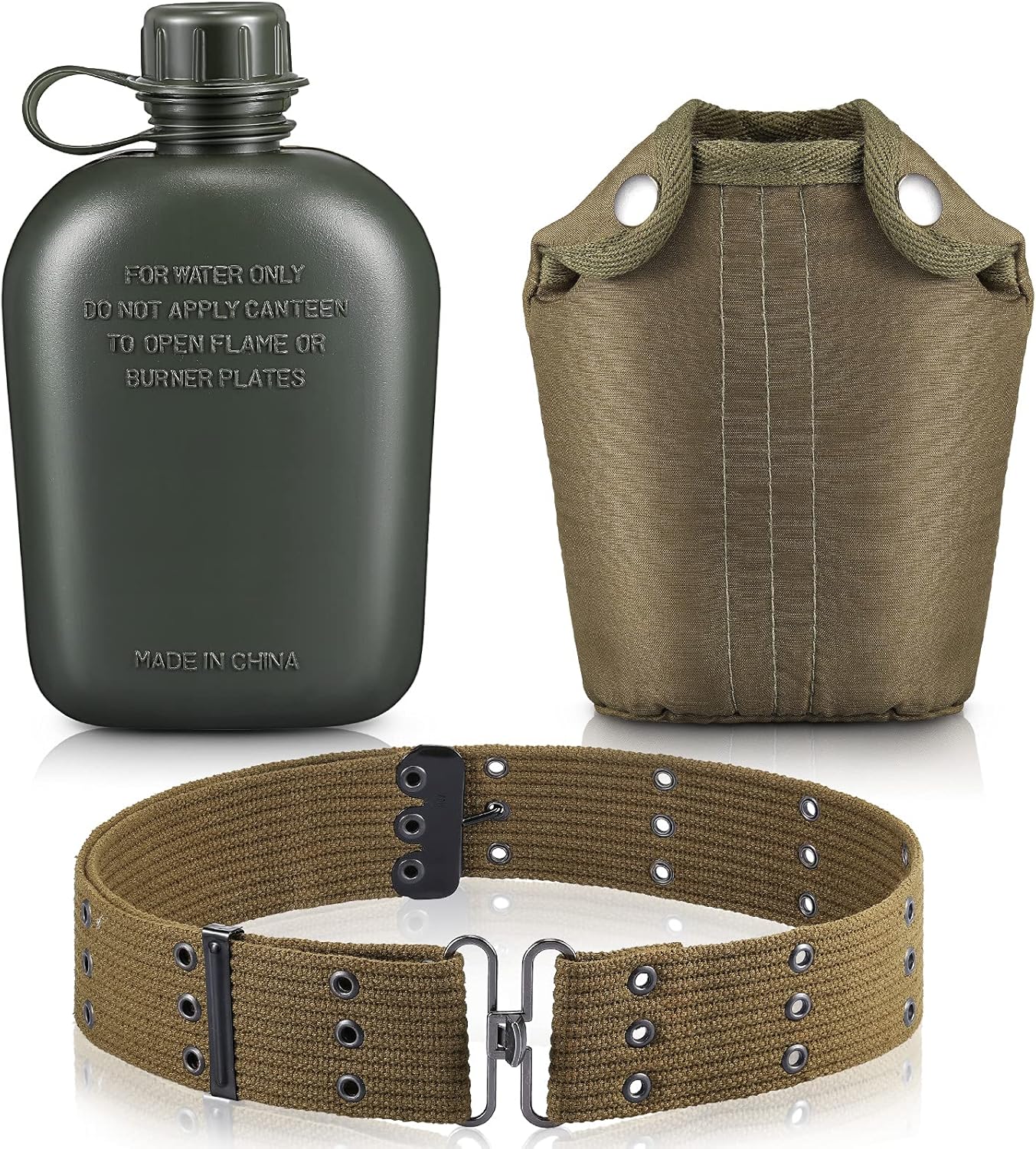 1 Quart Plastic Canteen Military Canteen Portable Military Water Bottle with Bottle Pouch Cotton Cover Bag and Waist Belt for Backpacking Hiking Camping Climbing Outdoor Activities
