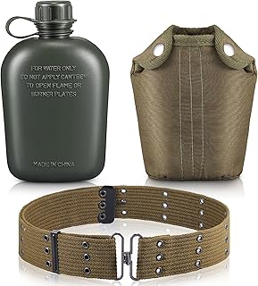 1 Quart Plastic Canteen Military Canteen Portable Military Water Bottle with Bottle Pouch Cotton Cover Bag and Waist Belt for Backpacking Hiking Camping Climbing Outdoor Activities