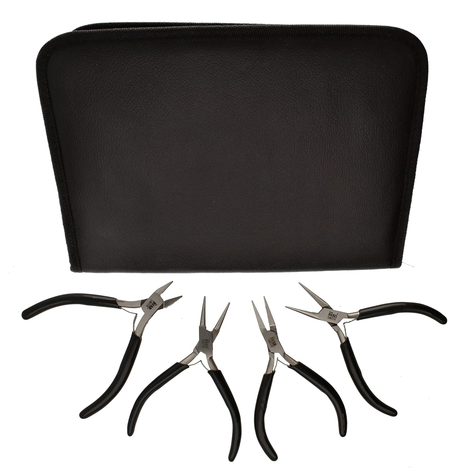 The Beadsmith Slim Line Pliers Set – Extra Fine Tips – 4.5 Inches, 4-Pieces: Round Nose, Chain Nose, Flat Nose & Semi-flush Side Cutter – Leatherette Carrying Case Included – Tools for Jewelry Making