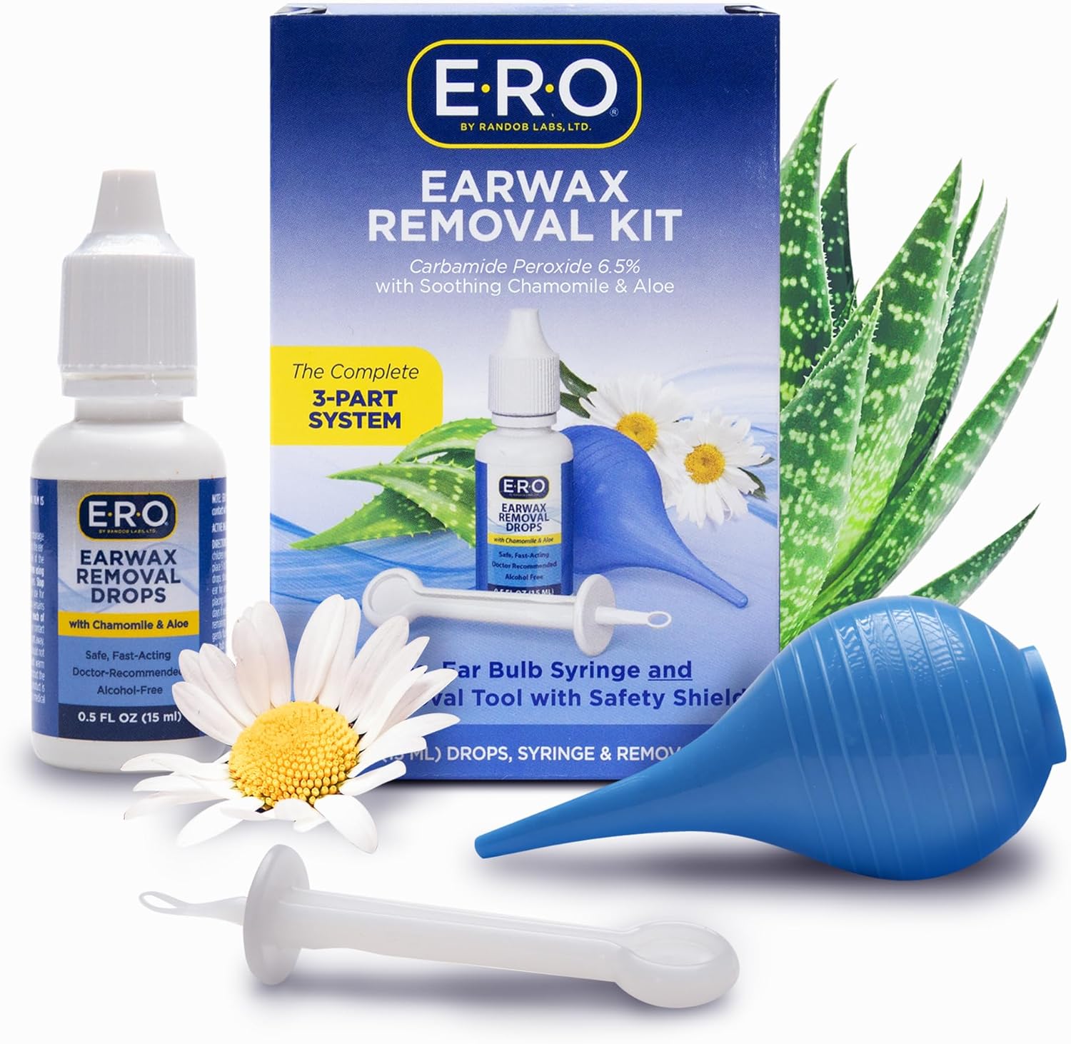 E-R-O Earwax Removal Kit for Complete Ear Care, with Carbamide Peroxide Earwax Removal Drops (0.5 fl oz), Ear Bulb Syringe and Ear Wax Removal Tool with Safety Shield