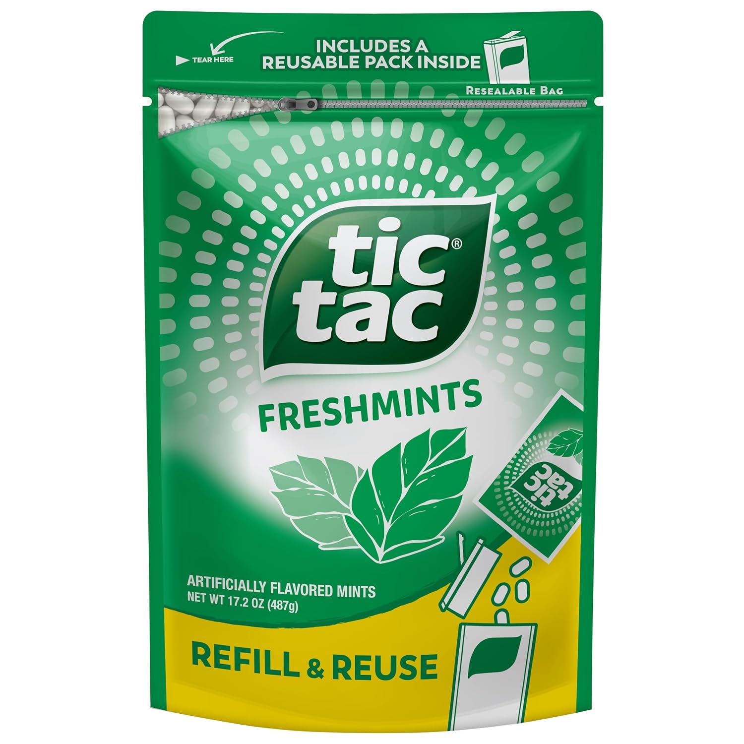 Tic Tac Bulk Resealable Refill Bag, Freshmint Breath Mints, On-The-Go Refreshment, Includes Empty Refillable Pack, 17.2 oz