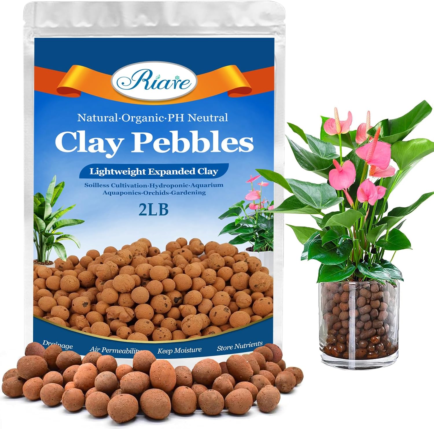 Riare 2LB Organic Leca Clay Pebbles for Plants, 4-16mm Drainage Leca Balls