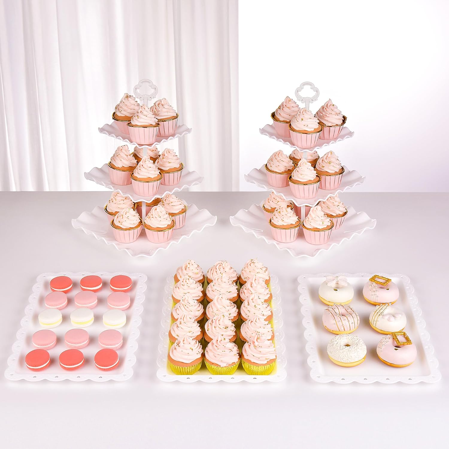NWK 5 Piece Cake Stand Set with 2x 3-Tier Cupcake Stands + 3X Appetizer Trays Perfect for Wedding Birthday Baby Shower Thanksgiving Christmas New Year Party