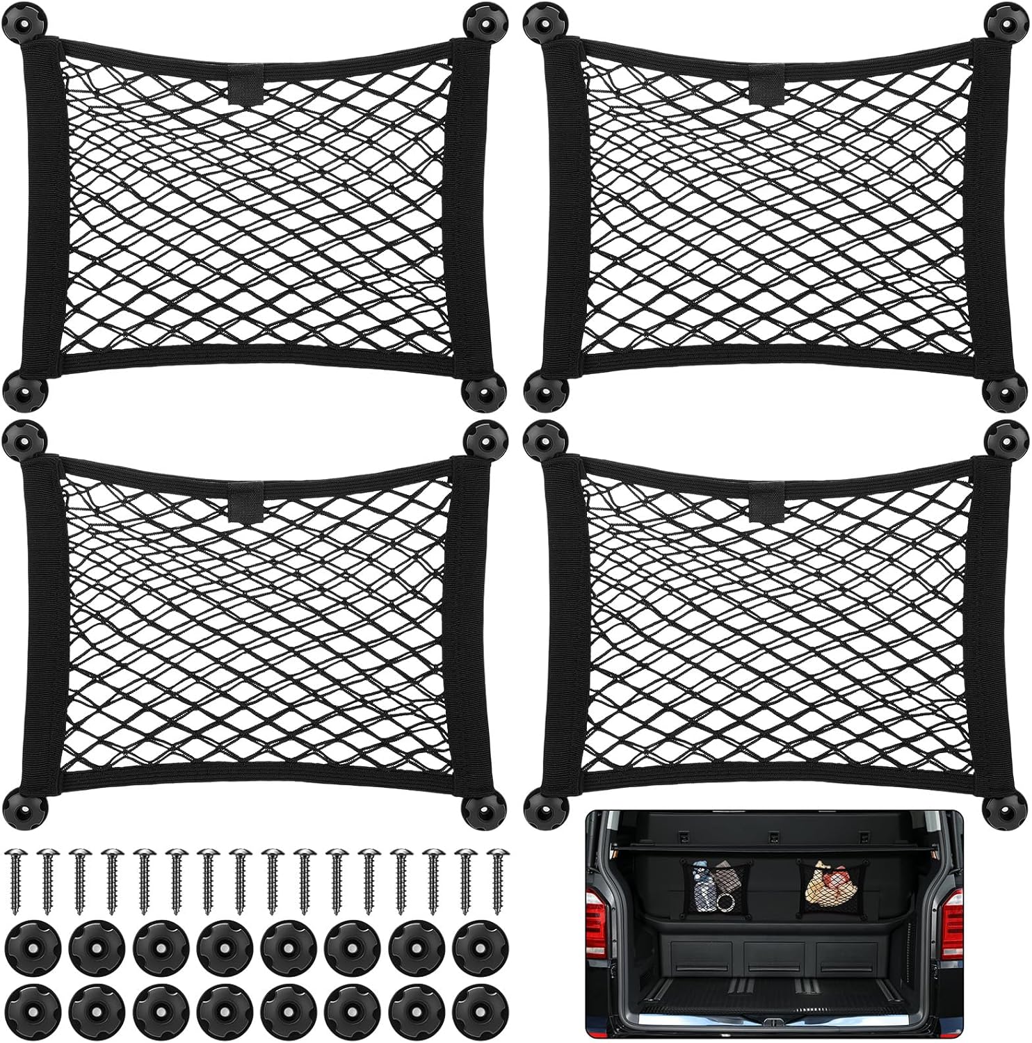 Timtin 4 Pcs Small Cargo Net Pocket Elastic Storage Mesh Net 14 x 10 Inch Automotive Storage Pouch with 16 Mounting Screws and Hooks for Truck Car SUV Rv Boats