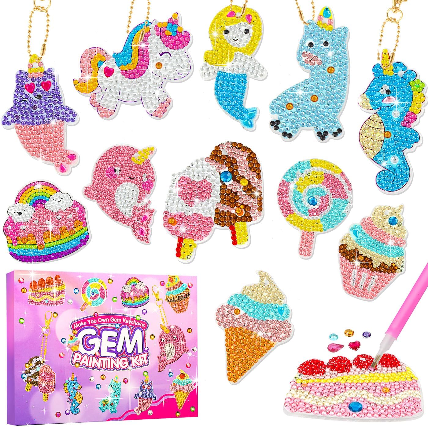 Jovicos Arts and Crafts for Kids Toys Age 6 7 8 9 10, Make Your Own GEM Keychains - Diamond Painting Kits Ages 5-12, Diamond Art Set for Kids, Birthday Presents Gift for 6 7 8 9 10 Year Old Boy Girls