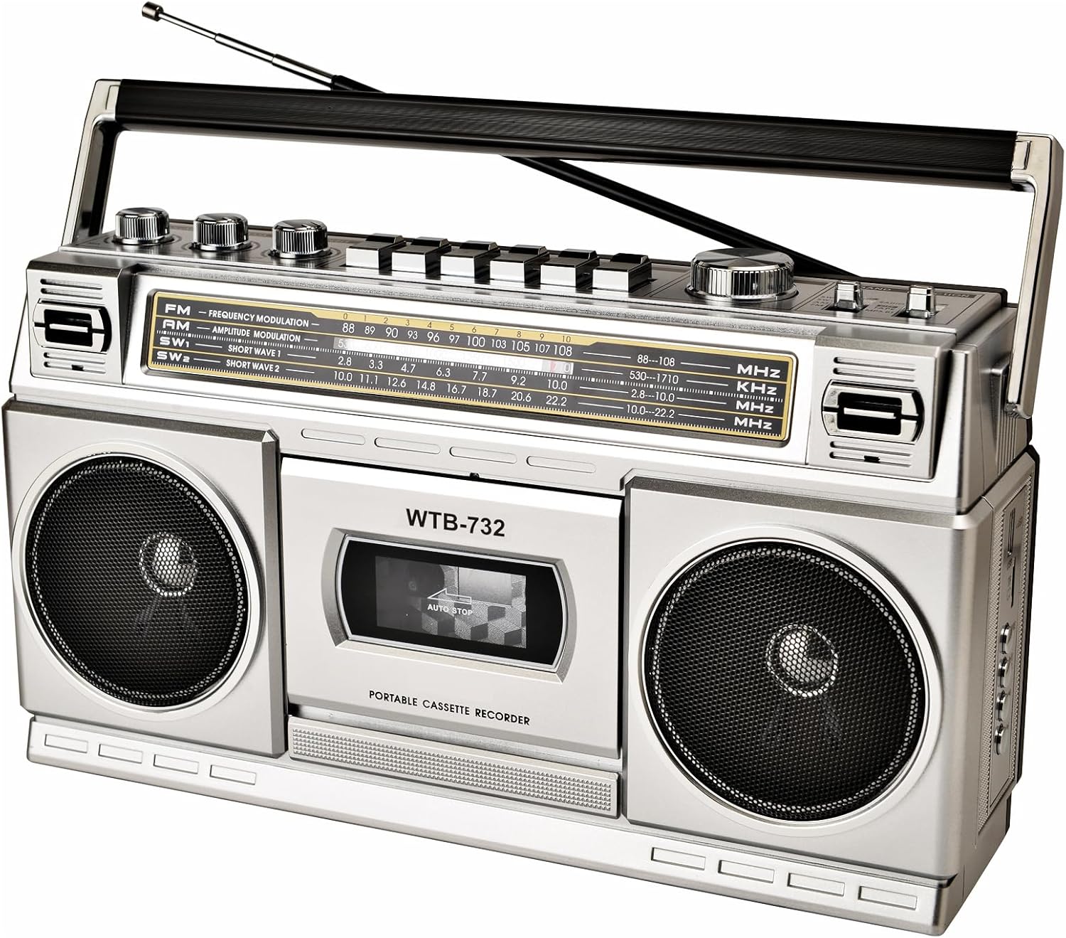 Retro Classic 80s Style Portable Boombox with Cassette Player Recorder, AM/FM/SW1/SW2 Radio, Bluetooth, USB/Micro SD Slots, Headphone Jack, 24W Dual Full-Range High Bass Speakers