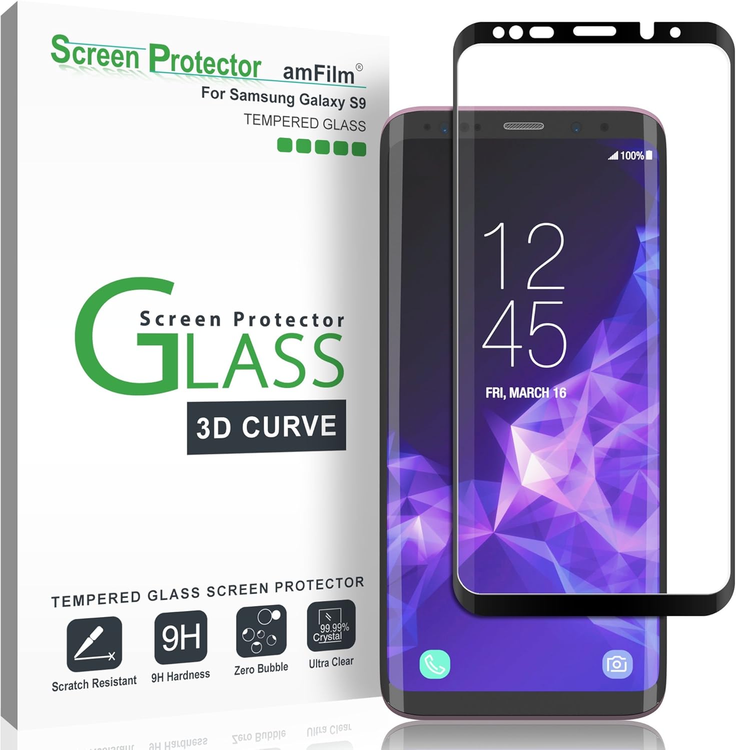 amFilm Galaxy S9 Screen Protector Glass, Full Cover Tempered Glass Screen Protector with Dot Matrix for Samsung Galaxy S9 (Black)