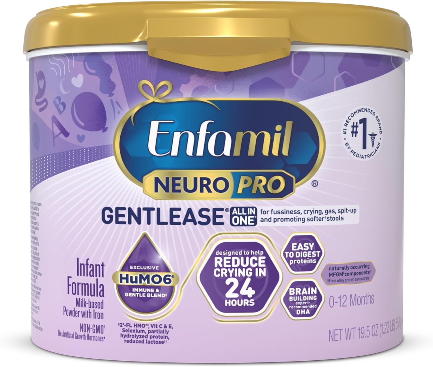 Enfamil NeuroPro Gentlease for easing Fussiness, Crying, Gas, Spit-up in 24 Hrs, Smaller Proteins for Easy Digestion, Brain Supporting DHA, Prebiotic Blend, HuMO6*, Baby Formula, Reusable Tub, 19.5 Oz
