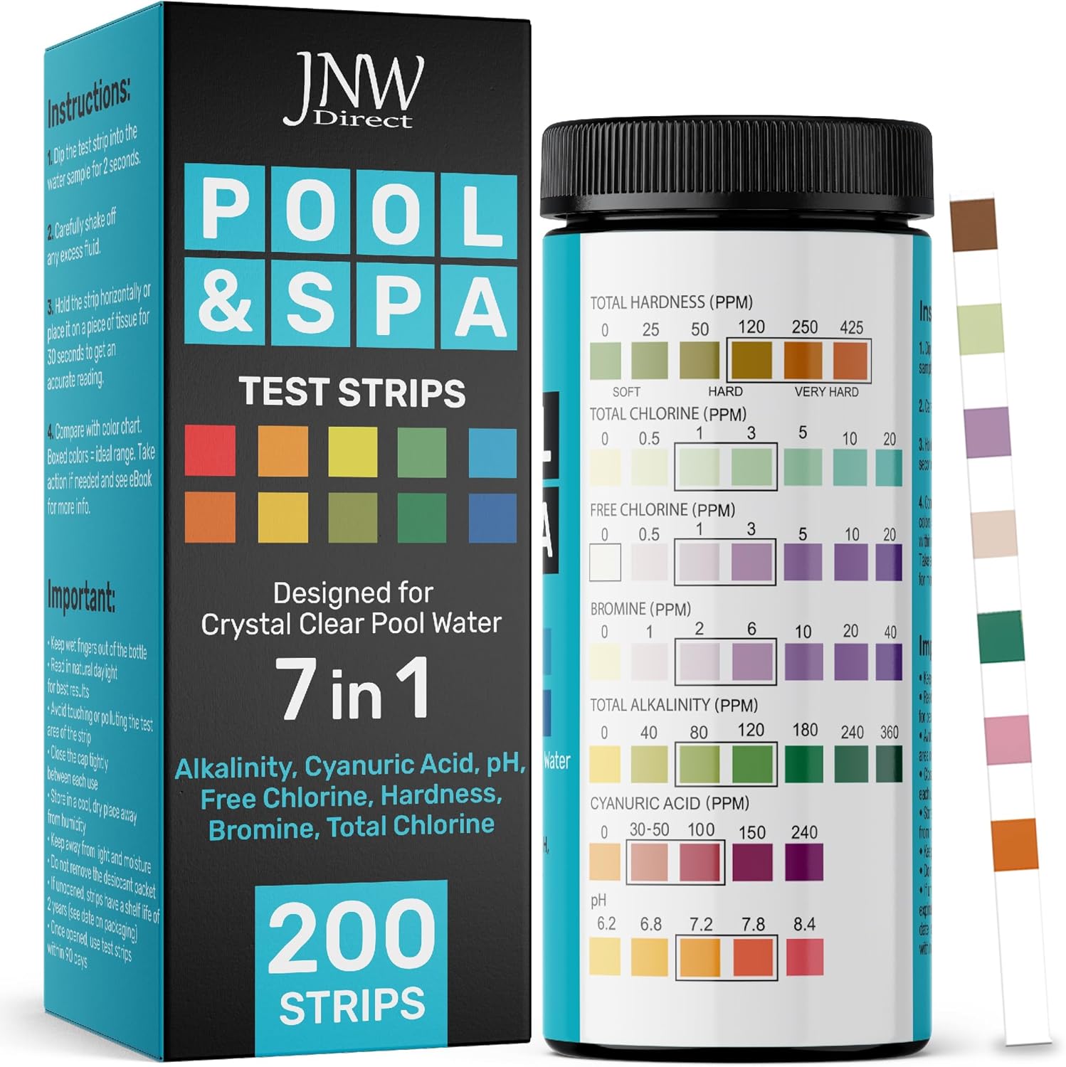 Pool Test Strips 7-in-1, 200 Quick and Accurate Pool and Hot Tub Test Strips - Pool Water Testing Kit for Chlorine, Bromine, pH, Hardness, More - All in 1 Swimming Pool Test Strips by JNW