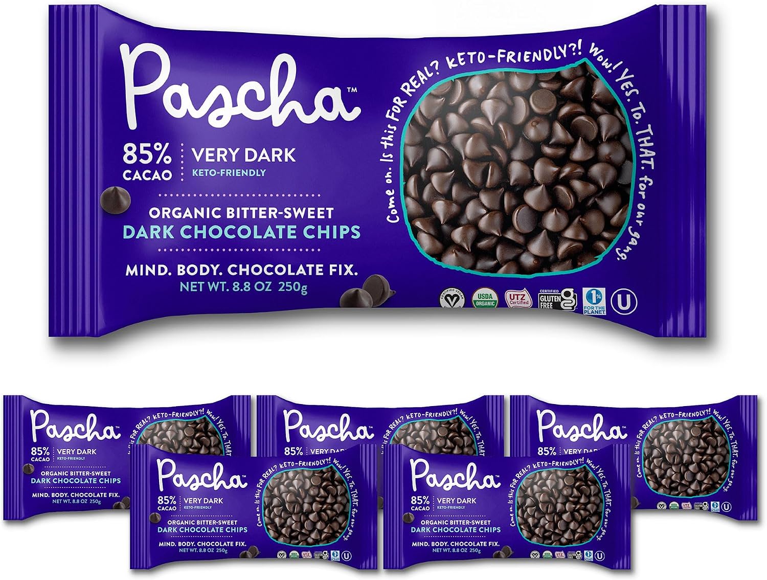 Pascha Organic Allergen-Free Bittersweet Dark Chocolate Chips 85 Percent Cacao 8.8 Ounce Pack of 6 Bags (Total 52.8 Ounce)