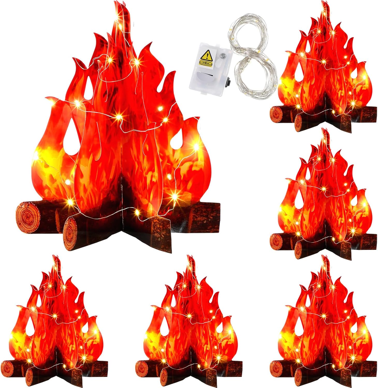 Tioncy 6 Sets 3D LED Fake Fire Campfire Centerpiece 3D Artificial Fake Flames with LED String Lights for Camping Party Christmas Decorations Flame Torch(11.8 Inch)