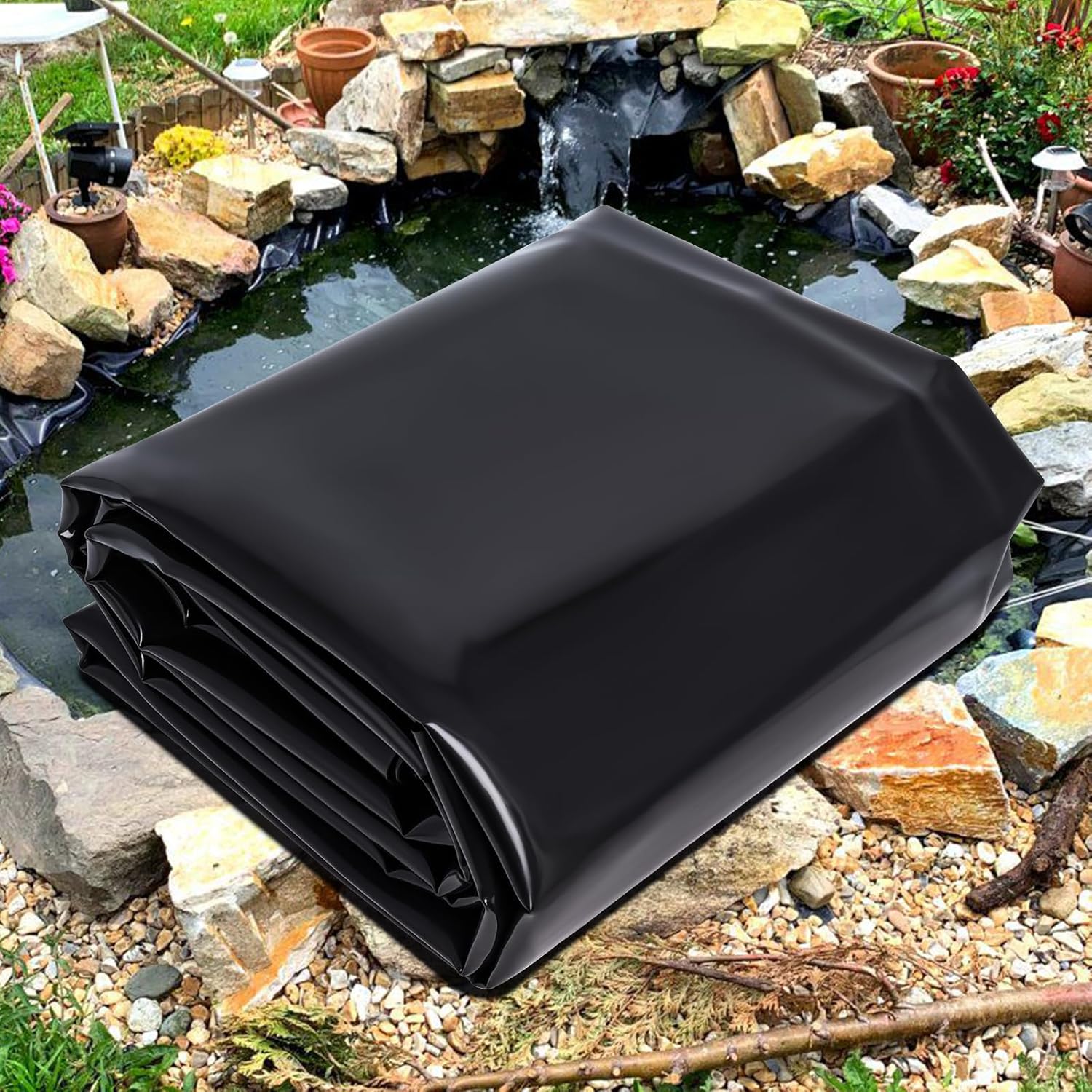 Poweka 10 x 13Ft Pond Liner 20-Mil HDEP Rubber Small Koi Fish Pond Liners for Outdoor Preformed Ponds, Waterfall, Stream, Fountains and Water Gardens, Black