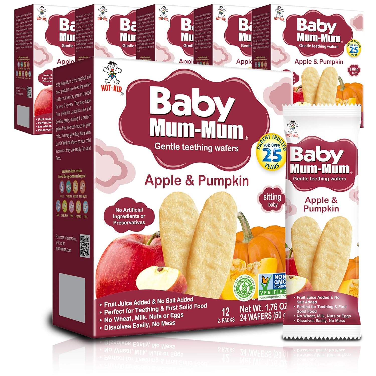 Hot-Kid Baby Mum-Mum Rice Rusks, Apple & Pumpkin, 24 Pieces (Pack of 6) Gluten Free, Allergen Free, Non-GMO, Rice Teether Cookie for Teething Infants