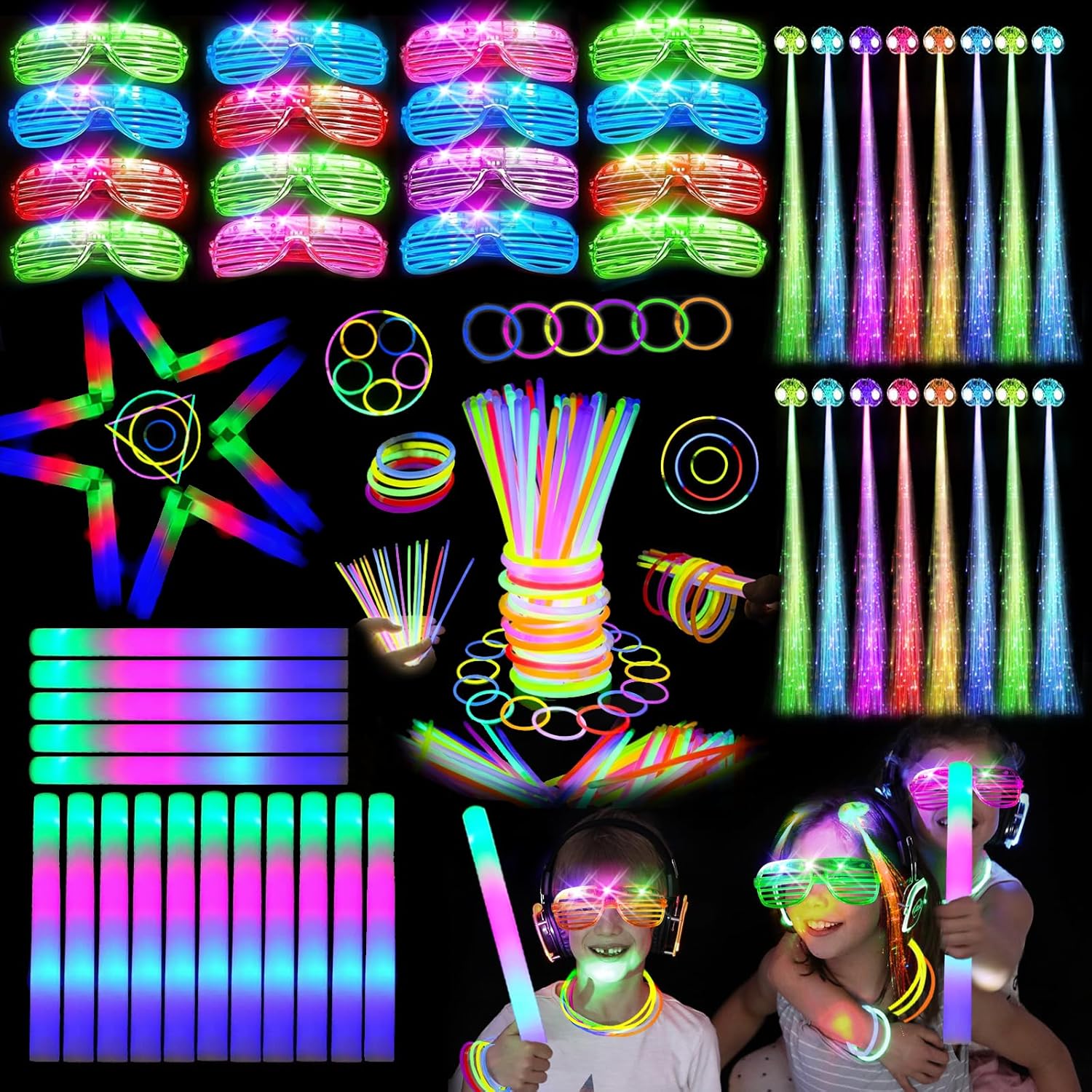148 PCS Glow in the Dark Party Supplies, 16PCS Foam Glow Sticks, 16PCS LED Glasses,100PCS Glow Sticks Bracelets and 16Pcs LED Hair Clips Fiber Optic for Glow Party, New Year, Wedding, Concert