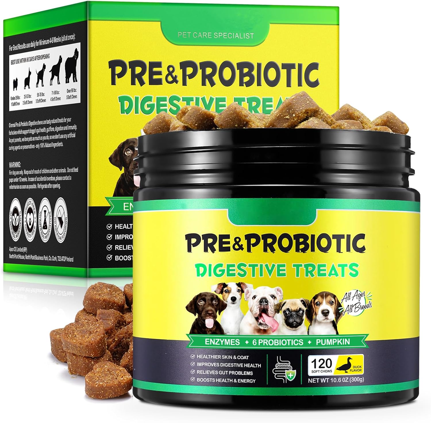 Probiotics for Dogs, Dog Probiotics for Gut Health (120 Chews), Dog Probiotic Supplements - Relief Gut Problems, Support Immune Function, Seasonal Allergy, Loose Stools, Enzymes Great for all Dogs