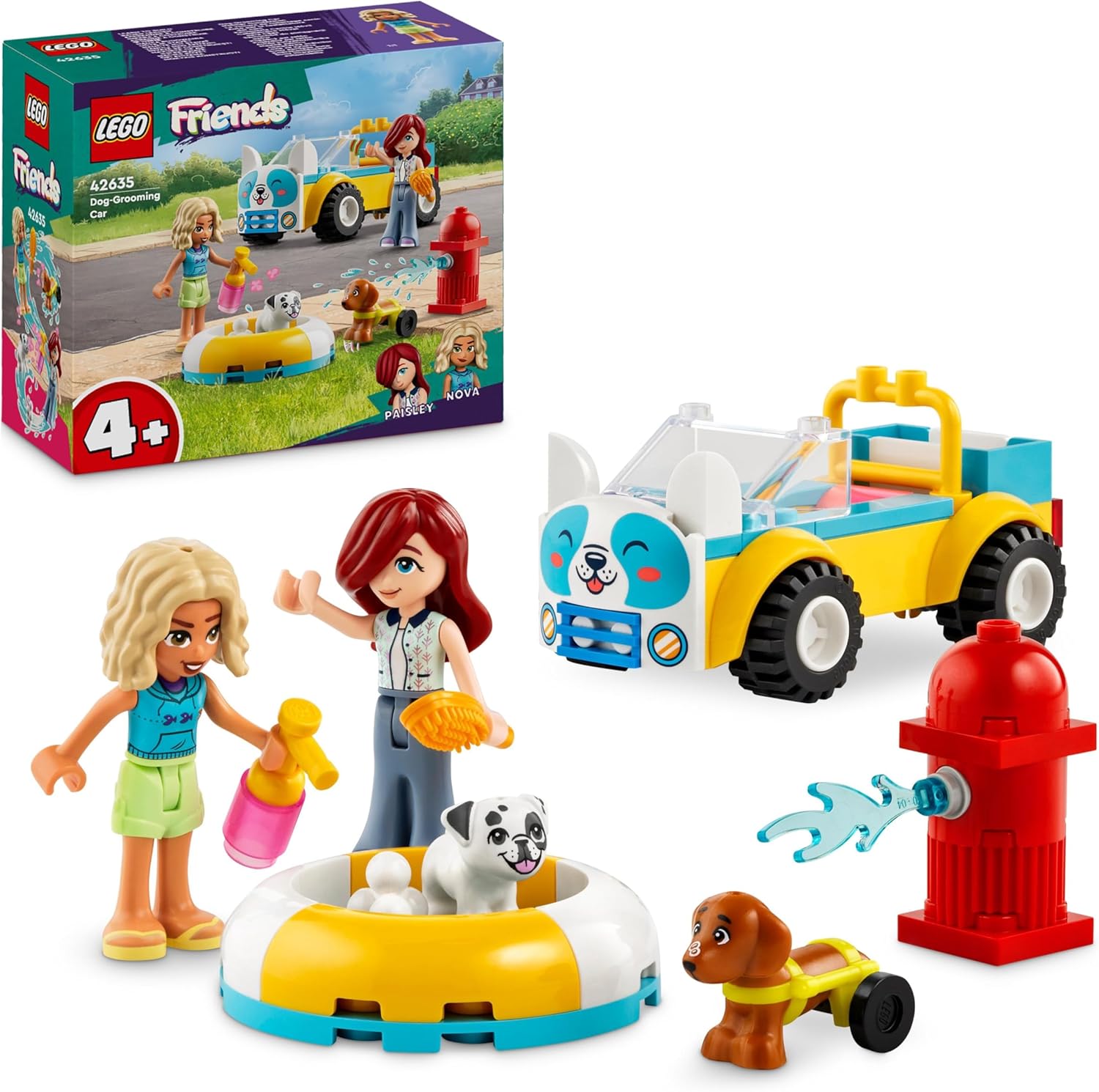 LEGO Friends Dog-Grooming Car Toy, Vehicle Playset, Animal and Nature Pretend Play Toy for 4 Plus Year Old Girls, Boys & Kids, 2 Mini-Doll Characters and 2 Dog Figures, Birthday Gift Idea 42635