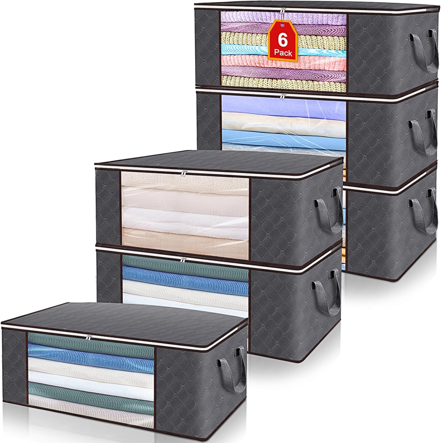 100L Large Storage Bags Clothes Organization for Closet,Foldable Blanket Storage with Handle,Waterproof Underbed Storage Containers with Clear Window&Zipper for Bedroom,Clothing 6 Pack