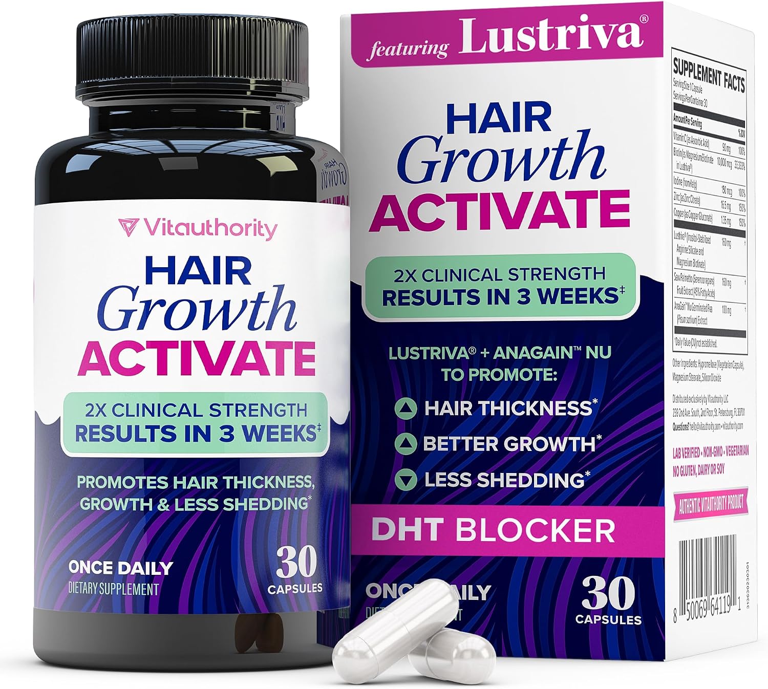 Lustriva Women's Hair Supplement for Thickness & Less Shedding, 30 Servings