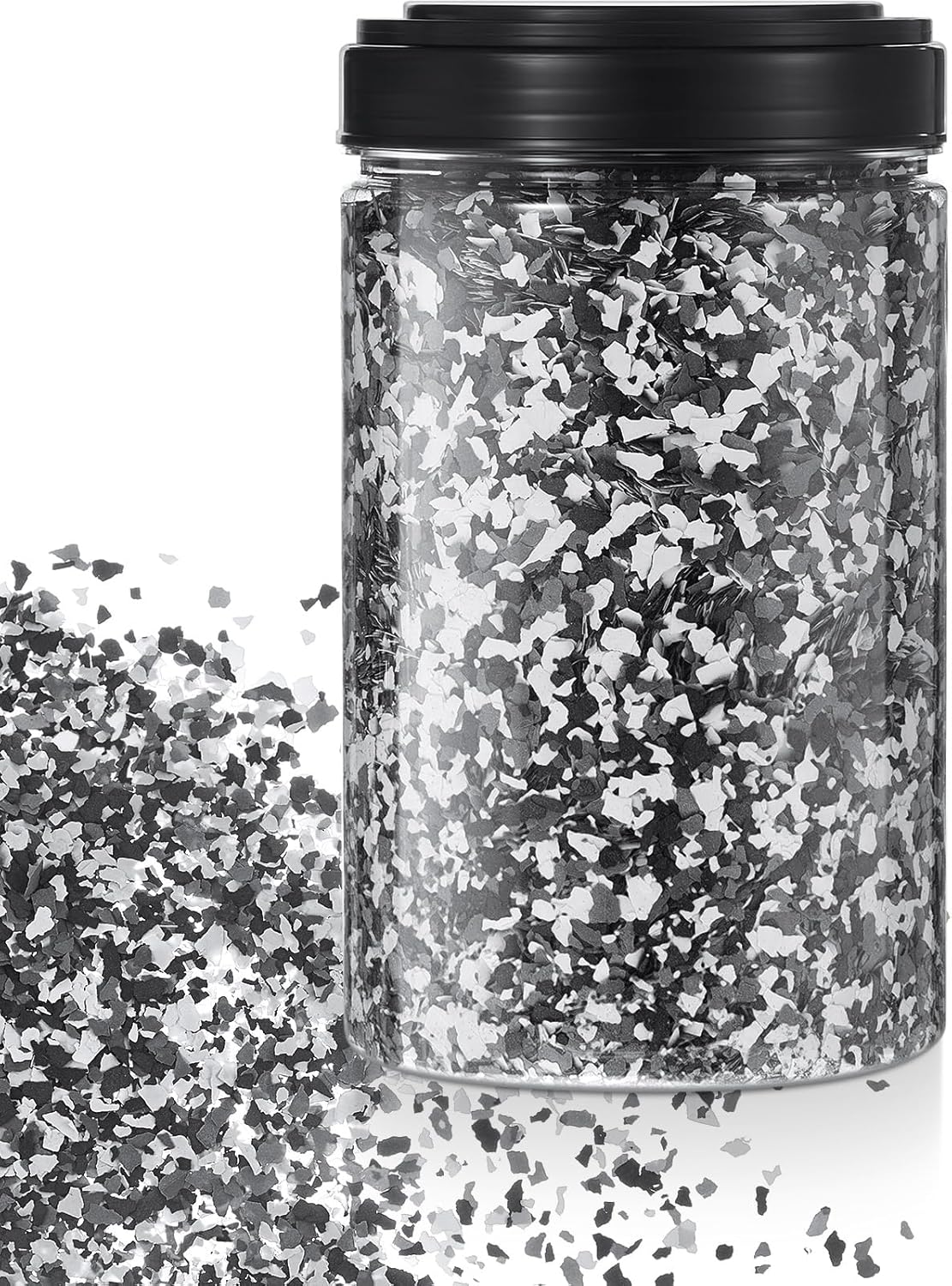 Timtin 3.08 lb /1400 g Blend Decorative Color Chips Paint Flakes Concrete Floor Coatings with Clear Plastic Jar for Garage, Interior, Exterior Walls and Floors (Black, White, Gray)
