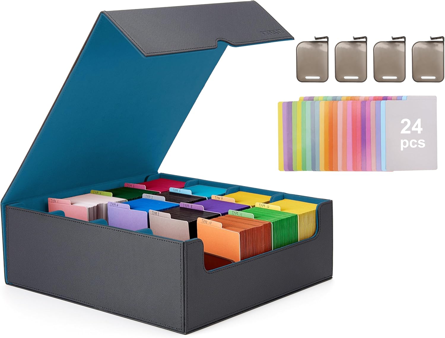 Venssu Card Storage Box For Trading Cards With Dedicated Card Supporters,3000+ Mtg Deck Box With 24 Colorful Divider Tabs,Trading Card Storage Fits For Magic Game Cards (Black and Cyan)