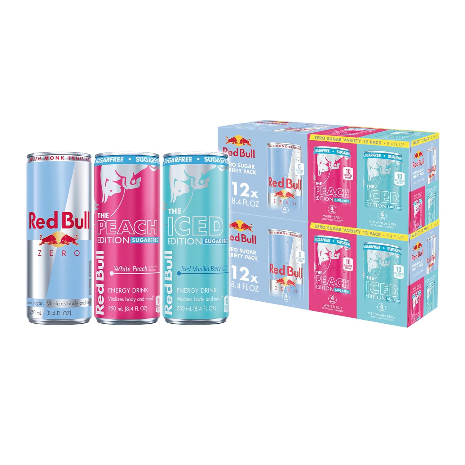 Red Bull Zero Sugar Variety Pack, Zero Energy Drink, Iced Vanilla Berry, & White Peach, 8.4 Fl Oz, 12 Cans (2 Packs of 12)