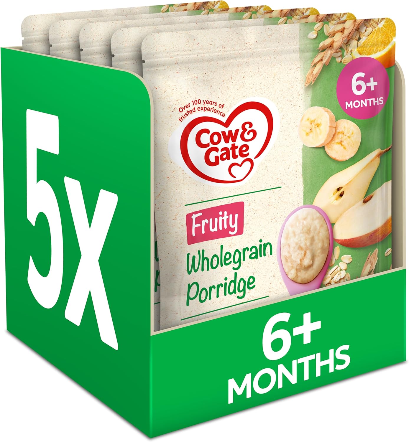Cow & Gate Fruity Wholegrain Porridge Baby Food Cereal, 6+ Months, 125g (Pack of 5)