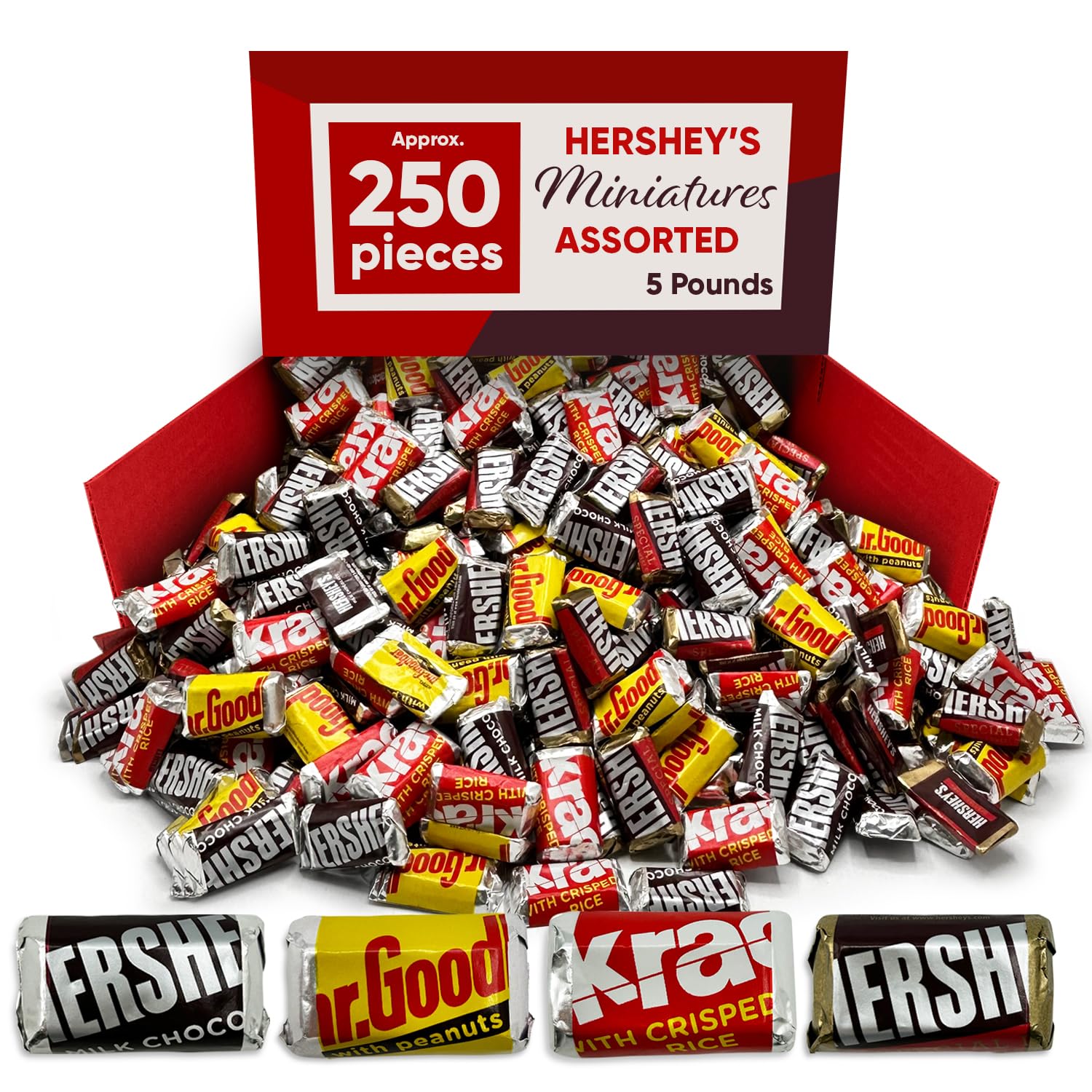 Hershys Miniatures Assorted Chocolate Candy - 5 Pounds, Approx 250 Individually Wrapped Bars, Hershys Dark Chocolate, Milk Chocolate, Krackel with Crisped Rice, Chocolate With Peanuts , Snacks Variety Pack for Adults, Bulk Candy Gifts
