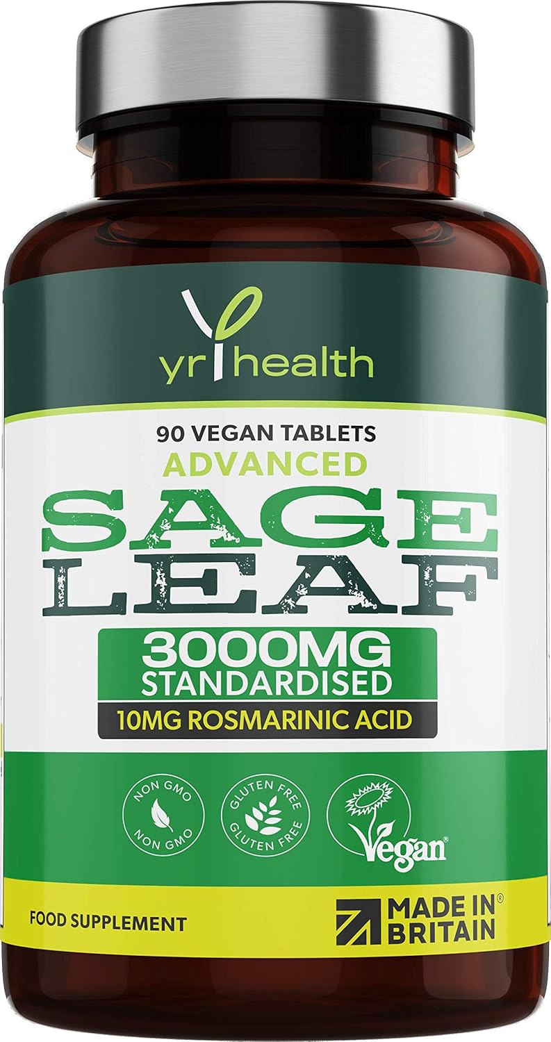 Sage Tablets 3000mg High Strength - 90 Vegan Tablets not Capsules - Standardised 10mg Rosmarinic Acid - Made in The UK by YrHealth