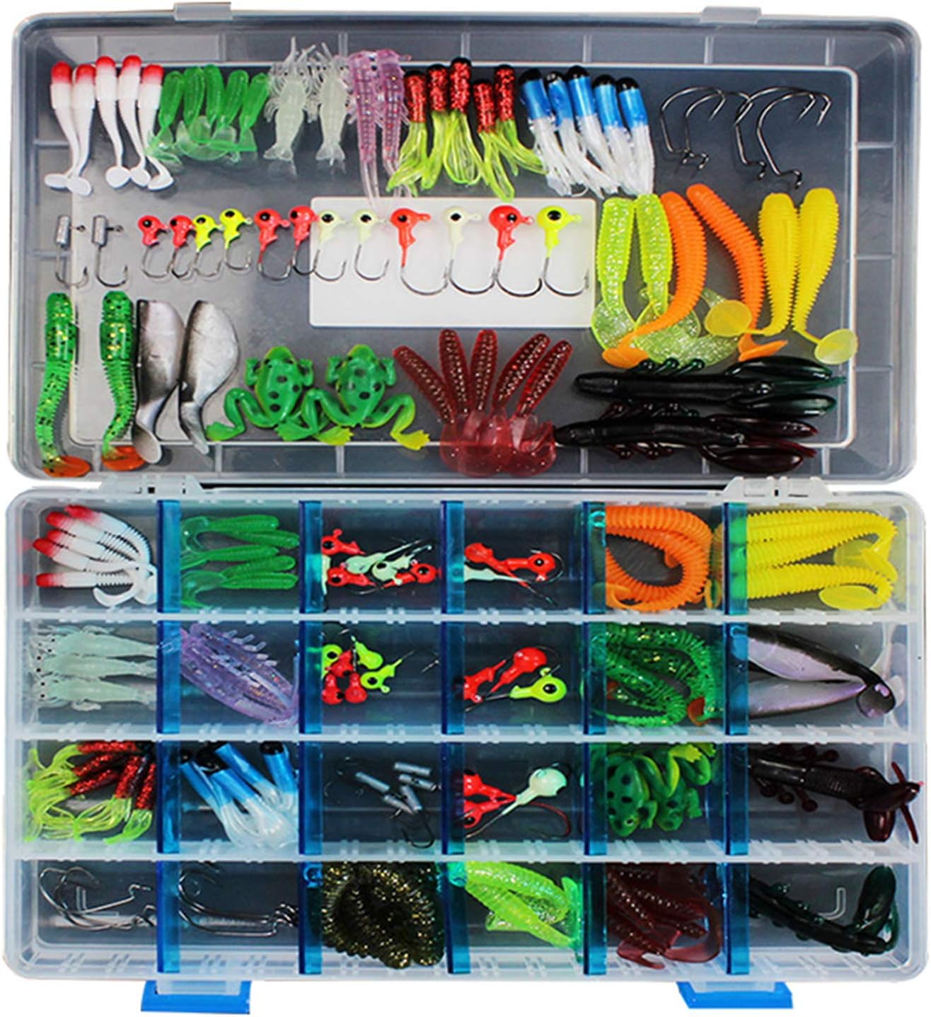 RoseFlower 146 Pieces Fishing Lure Kits Mixed Universal Artificial Soft Bait Sets Including Spinning Lures, Plastic Worms, Frogs, Single Hooks, Tackle Box - Freshwater Saltwater Fishing Equipment