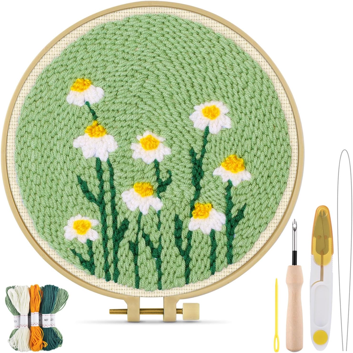 TINDTOP Punch Needle Kit, Daisy Punch Embroidery Kits for Adults Beginner, Tool with Punch Needle Fabric, Hoops, Yarns and Sewing Needles