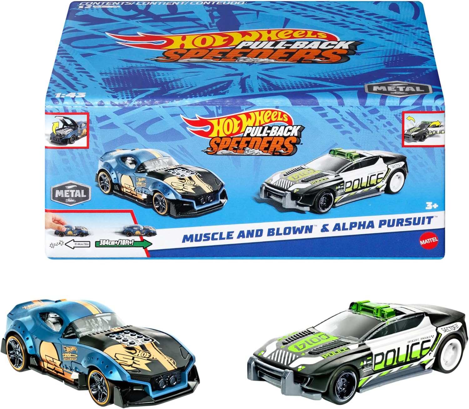 Hot Wheels Pull-Back Speeders Set of 2 Toy Cars in 1:43 Scale, Pull Cars Backward & Release, High-Performance, Collectible, With Rolomatic Engine or Door or Hood that Opens, Models can vary, HPR91