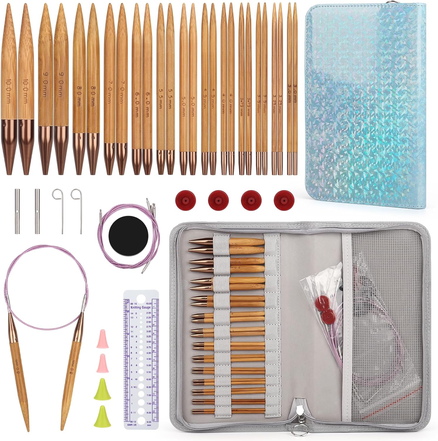 Aeelike Interchangeable Knitting Needles Set, 13 Pairs Circular Knitting Needles Set Bamboo Knitting Needles with Case Knitting Accessories for Socks Blankets Cushions