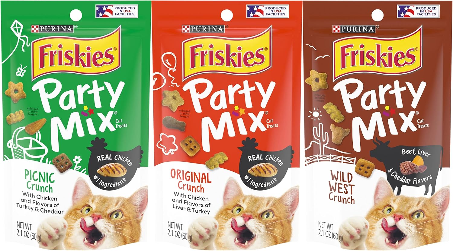 Friskies Purina Party Mix Cat Treats Variety Pack, 1 Pouch Picnic Crunch, 1 Pouch Original Crunch, 1 Pouch Wild West Crunch, 2.1 Ounce Pouches (Pack of 3)