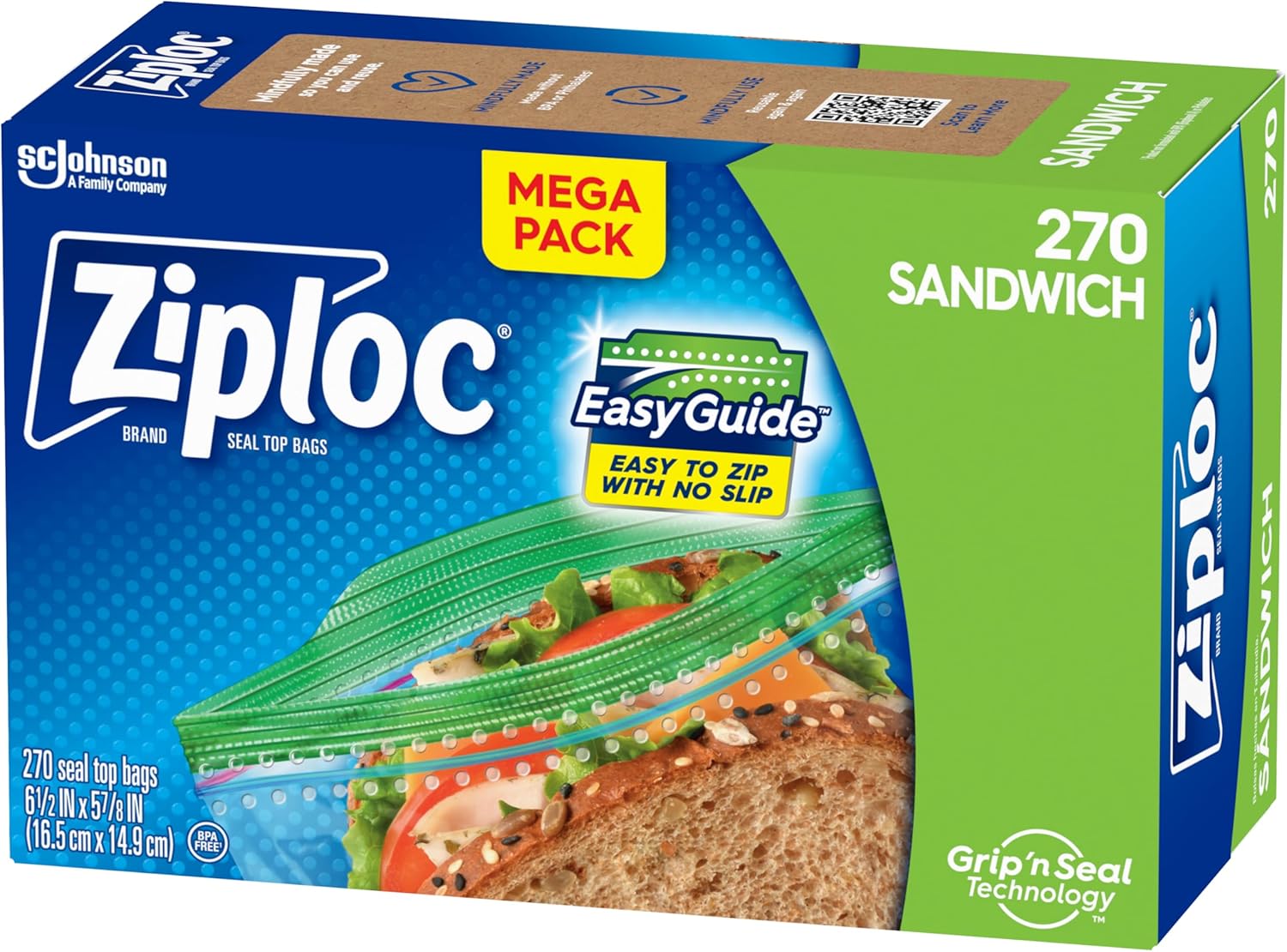 Ziploc Sandwich and Snack Bags with EasyGuide Texture, Plastic Storage Bags with Grip 'n Seal Technology, 270 Bags Total
