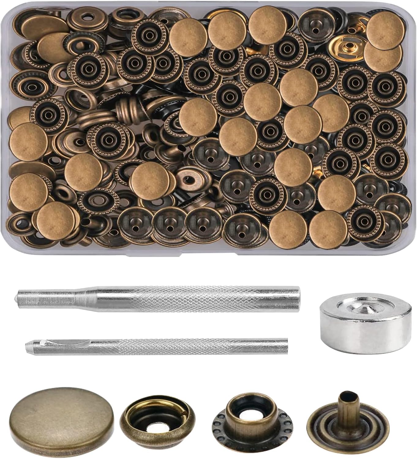 128PCS Press Studs Cap Button Stainless Steel Snap Fasteners Kit with Tool Leather Snaps Stud Fasteners Heavy Duty Snap Buttons Canvas Snaps Press Stud Kit for Clothing Leather Bags Jeans