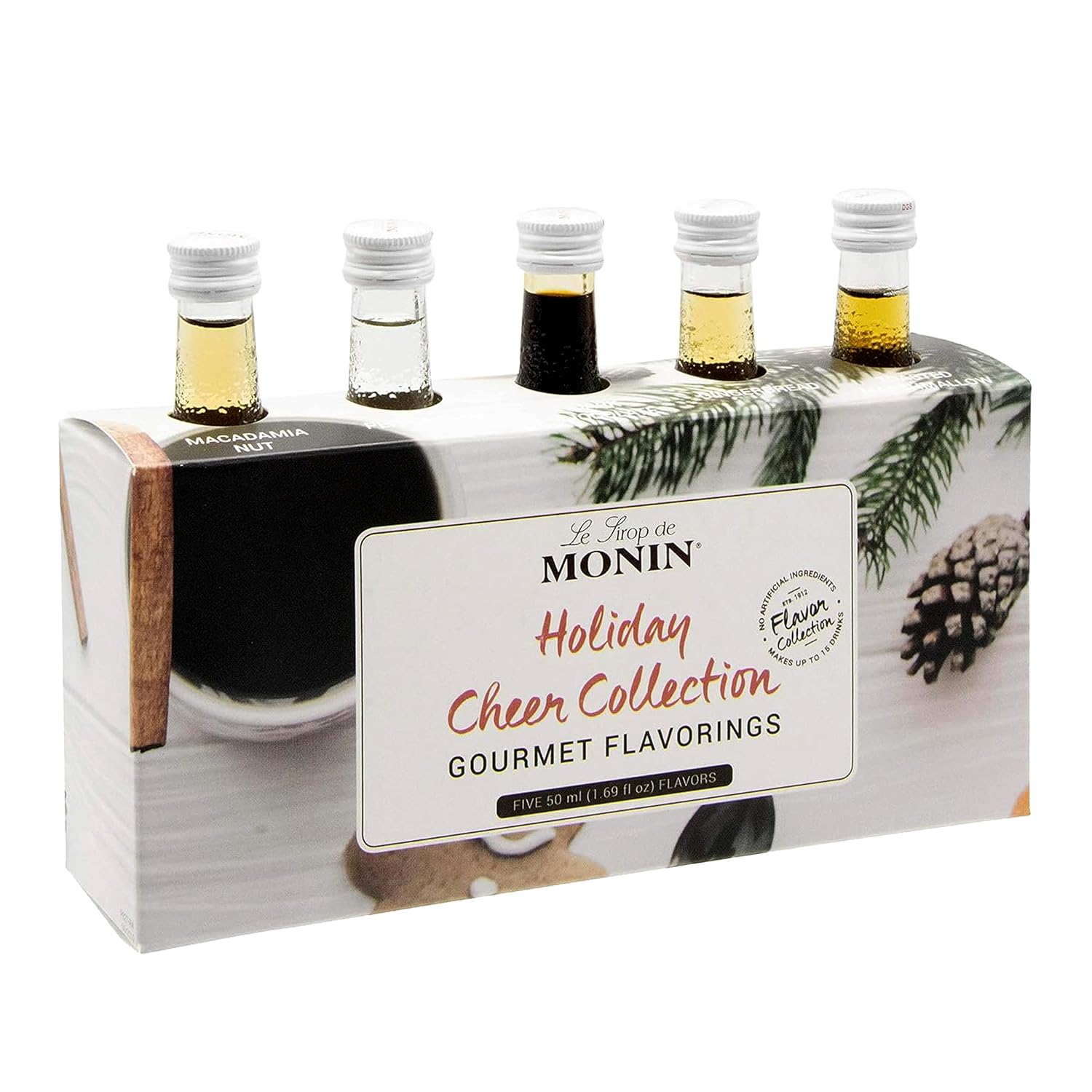 Monin - 5 Flavor Holiday Cheer Collection: Macadamia Nut, Peppermint, Cookie Butter, Toasted Marshmallow, & Gingerbread, Natural Flavors for All Drinks, Gluten-Free (1.69 oz per bottle)