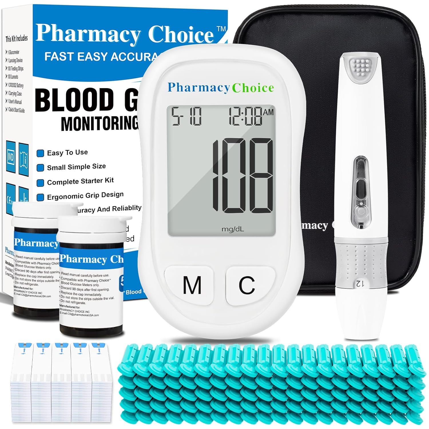 Blood Glucose Monitor Kit, 100 Glucometer Strips，1 Blood Glucose Meter, 1 Lancing Device, Diabetes Testing Kit，Glucometer for Home Use
