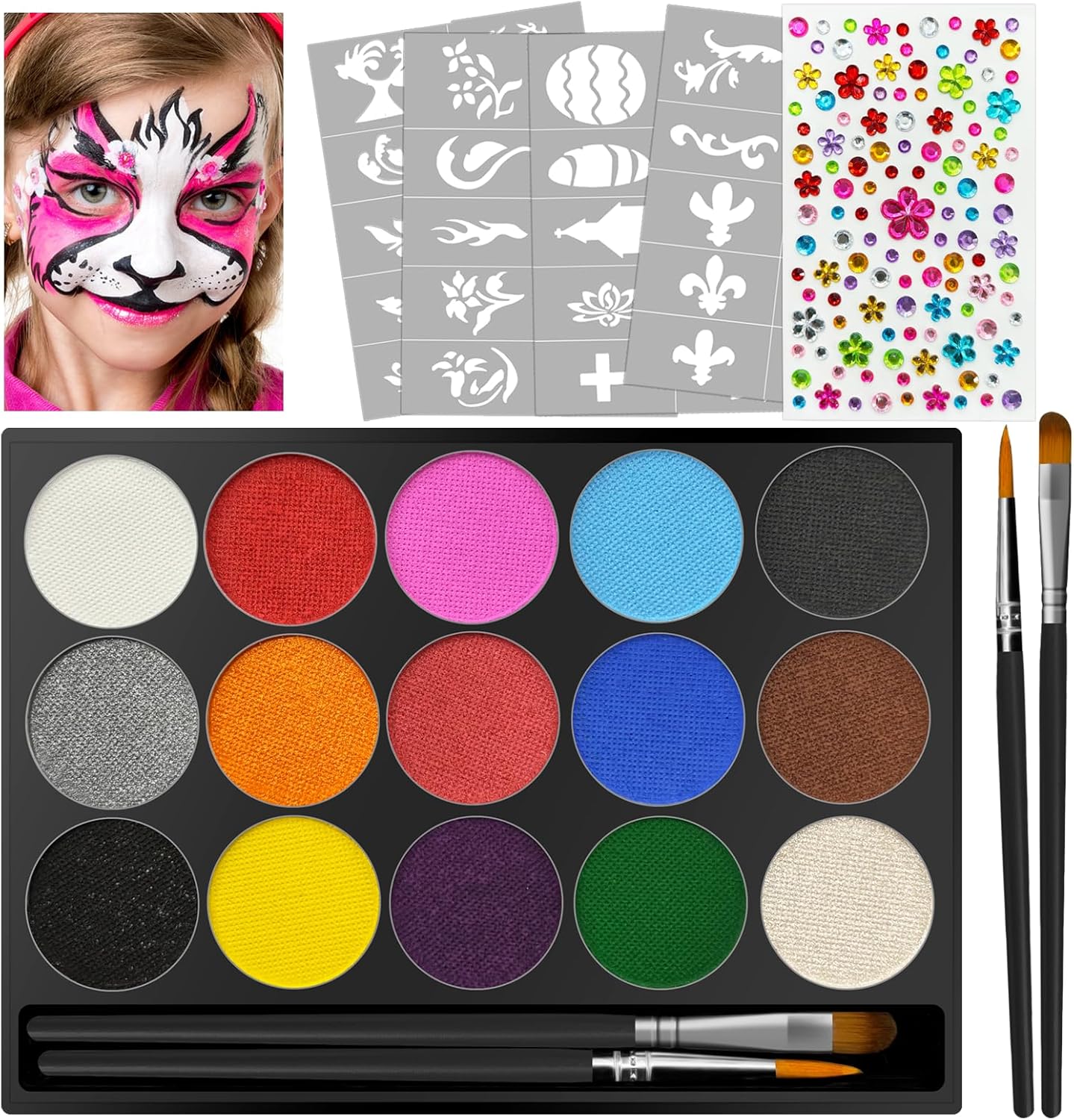 Jsdoin Face Paint, 15 Color Face Painting Palette, with 2 Brushes 40 Stencils, Diamond Stickers, Washable Face Paints for Children Adults Halloween Carnival, Make up Body Paint