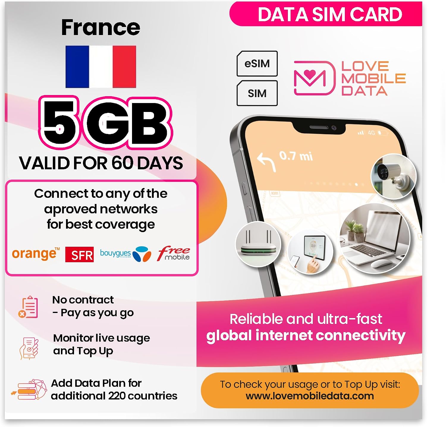 Love Mobile Data Only Sim Card - International Multi-Network 4G/5G Prepaid Pay As You Go Data Sim for Mobile Phones, WiFi Routers, & More, UK (O2, Three & Vodafone) & France - 5GB for 60 Days