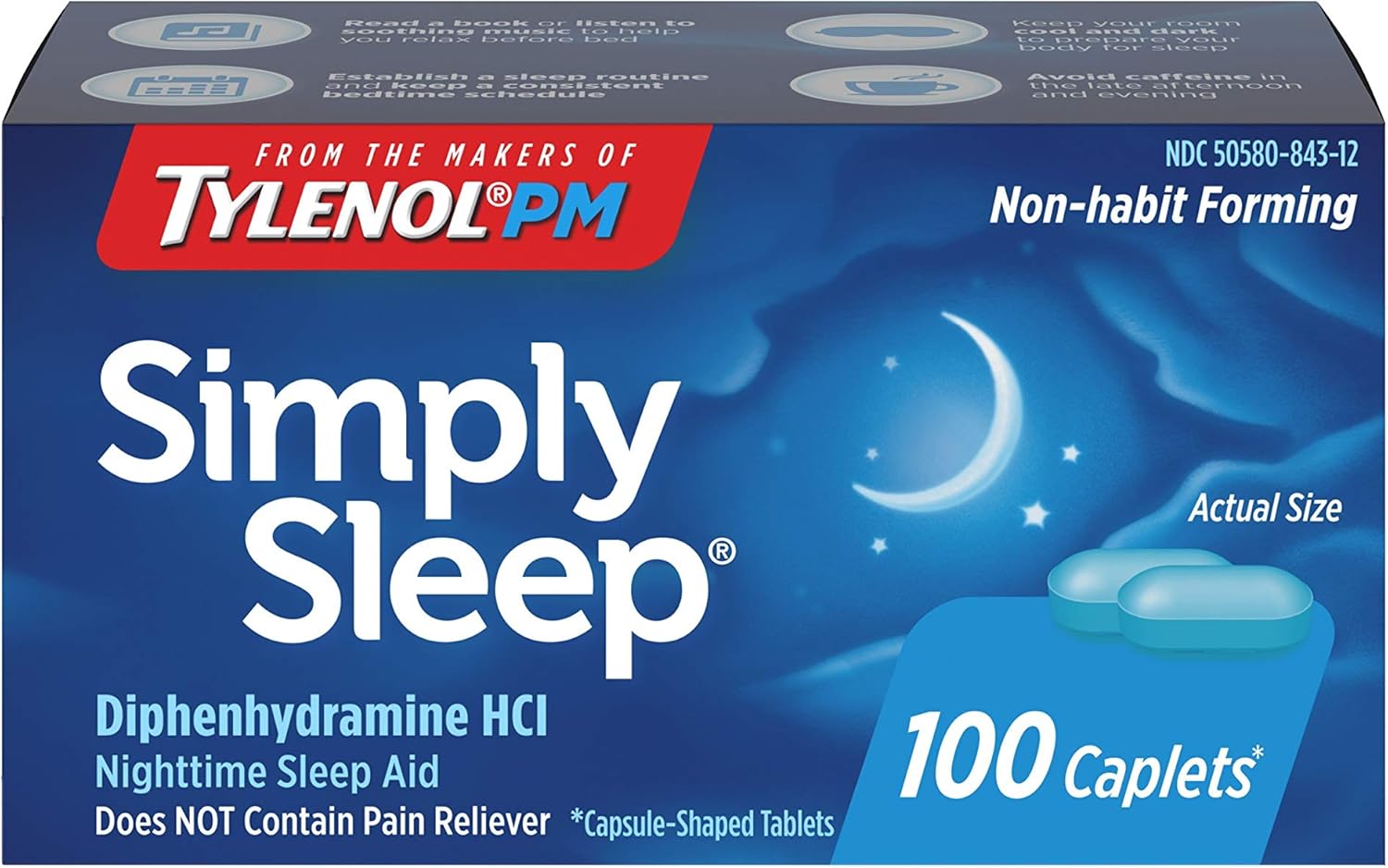 Tylenol Simply Sleep Nighttime Sleep Aid Caplets with 25 mg of Diphenhydramine HCl, Non-Habit Forming Sleep Aid for Adults, 100 ct