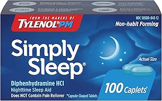 Tylenol Simply Sleep Nighttime Sleep Aid Caplets with 25 mg of Diphenhydramine HCl, Non-Habit Forming Sleep Aid for Adults, 100 ct